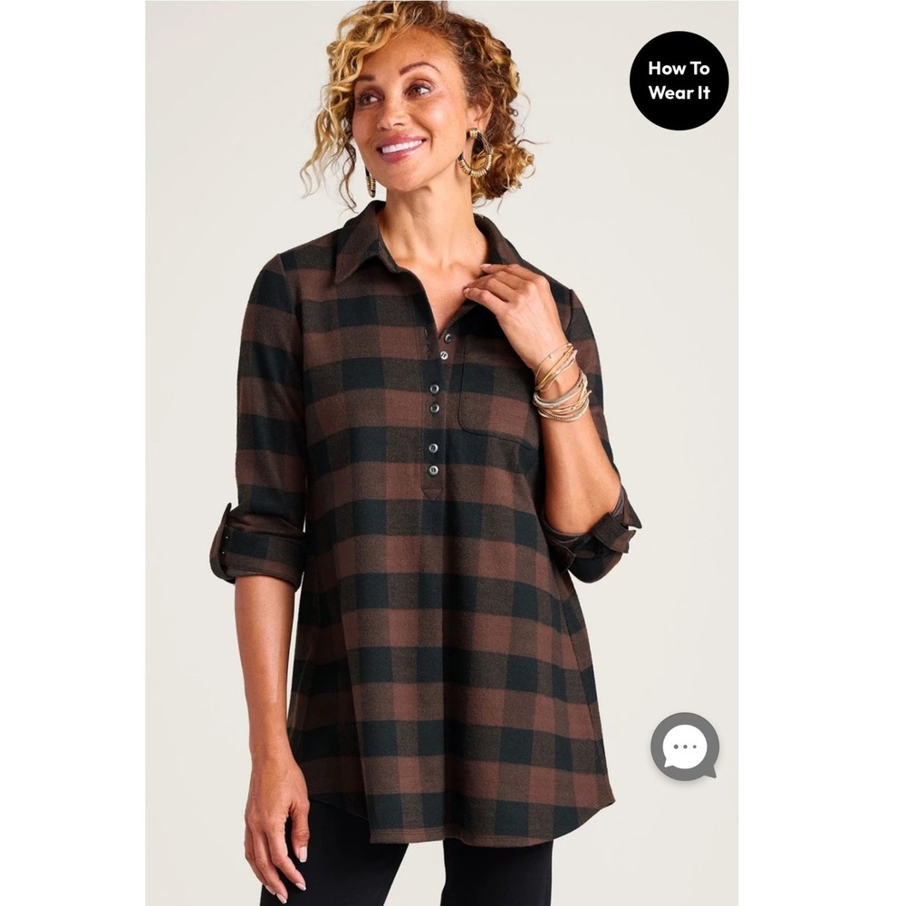 Soft Surroundings Hickory Buffalo Check Tunic Top Brown Black Plaid Large